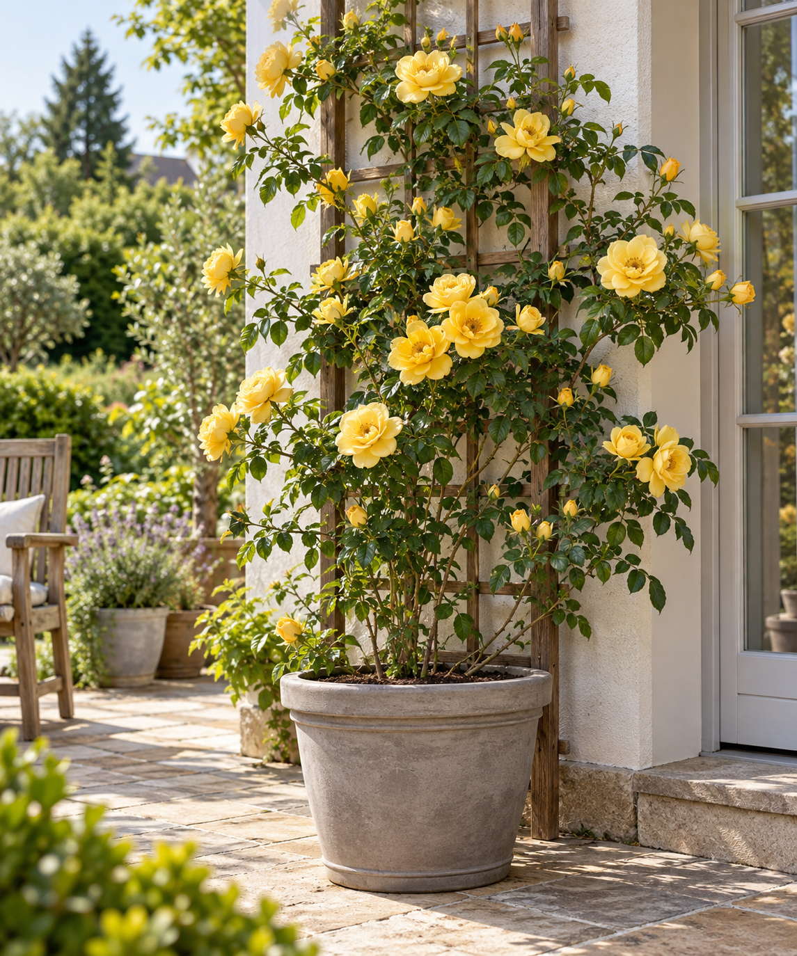Gelbe Kletterrose ‘Climbing Garden Beauties Yellow’ – Rose für Garten, Terrasse & Kübel – 50–70 cm inkl. Topf