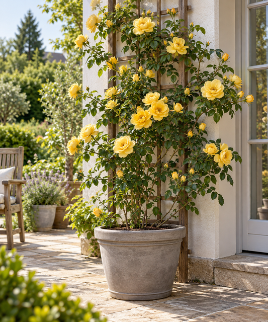 Gelbe Kletterrose ‘Climbing Garden Beauties Yellow’ – Rose für Garten, Terrasse & Kübel – 50–70 cm inkl. Topf