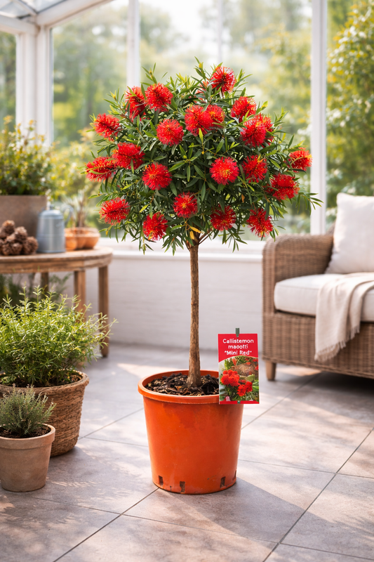 Callistemon „Masotti Mini Red“ ca. 120 cm – Zylinderputzer / Flaschenputzer – Immergrüne Kübelpflanze mit roten Blüten
