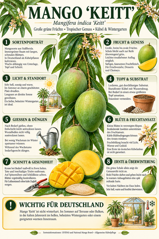 Mangobaum ‘Keitt’ – Mango-Pflanze (Mangifera indica) für Kübel, Terrasse & Wintergarten – 140–180 cm inkl. Topf