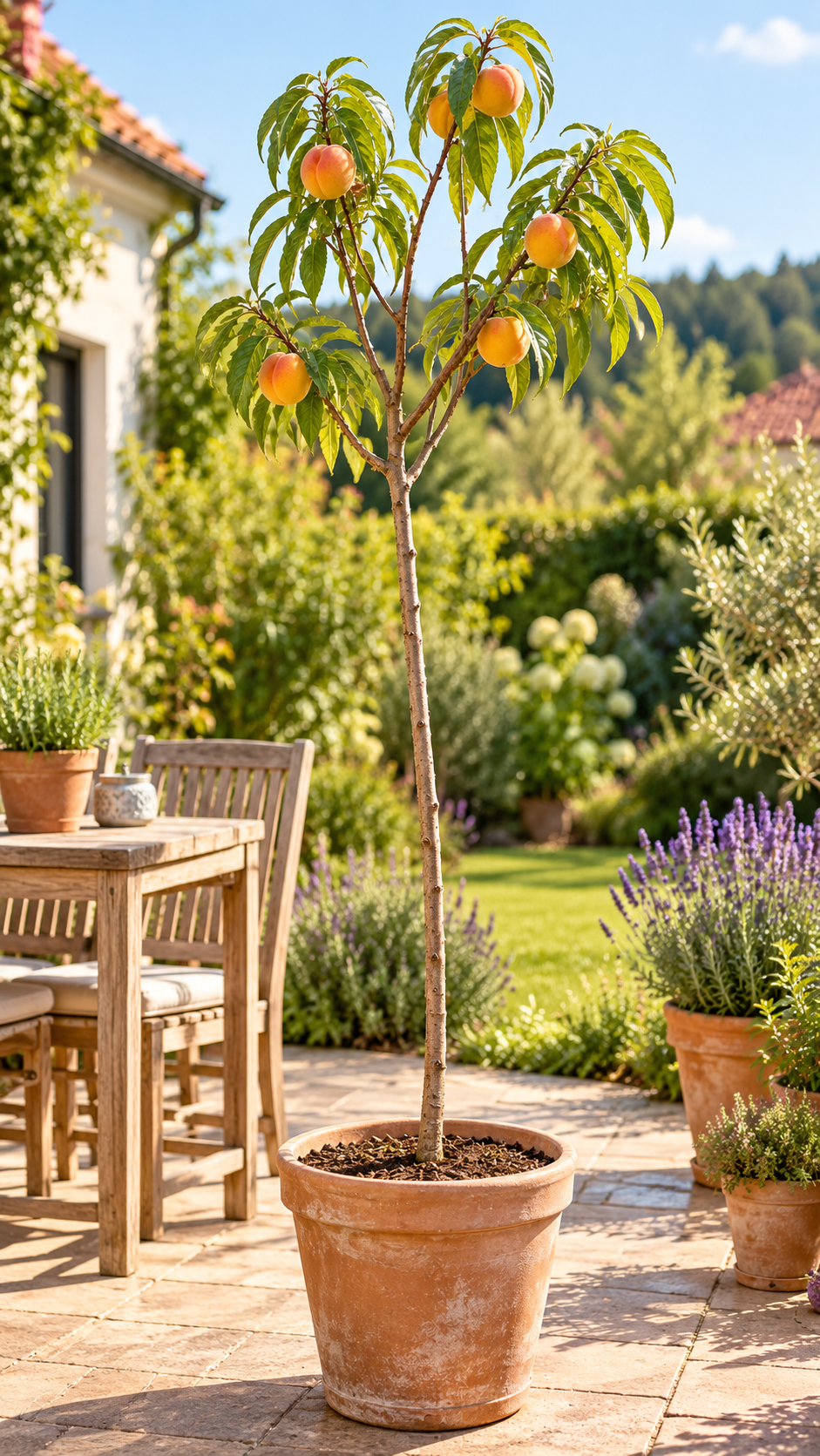 Pfirsichbaum 'Amarillo de Agosto' – Prunus persica | Gelbfleischig & selbstfruchtbar | 160–200 cm inkl. Topf