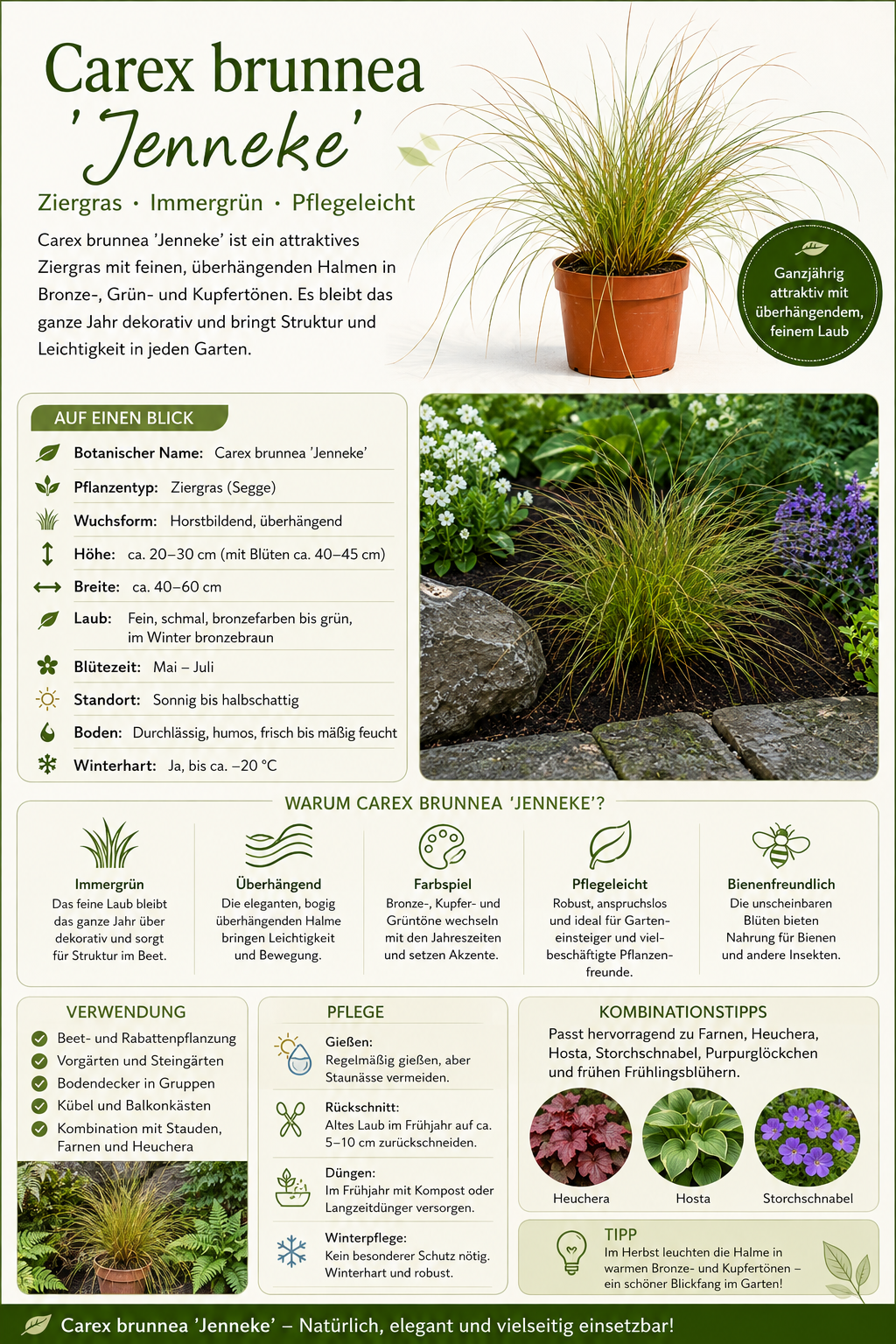 Carex brunnea Jenneke ca. 25 cm – Japan Segge – Immergrünes Ziergras für Garten, Balkon, Kübel & Beet