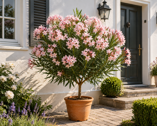 Oleander Stämmchen 'Alsace' (Nerium oleander) 120–150 cm inkl. Topf – Mediterraner Rosenlorbeer Wintergarten Kübelpflanze Blühpflanze