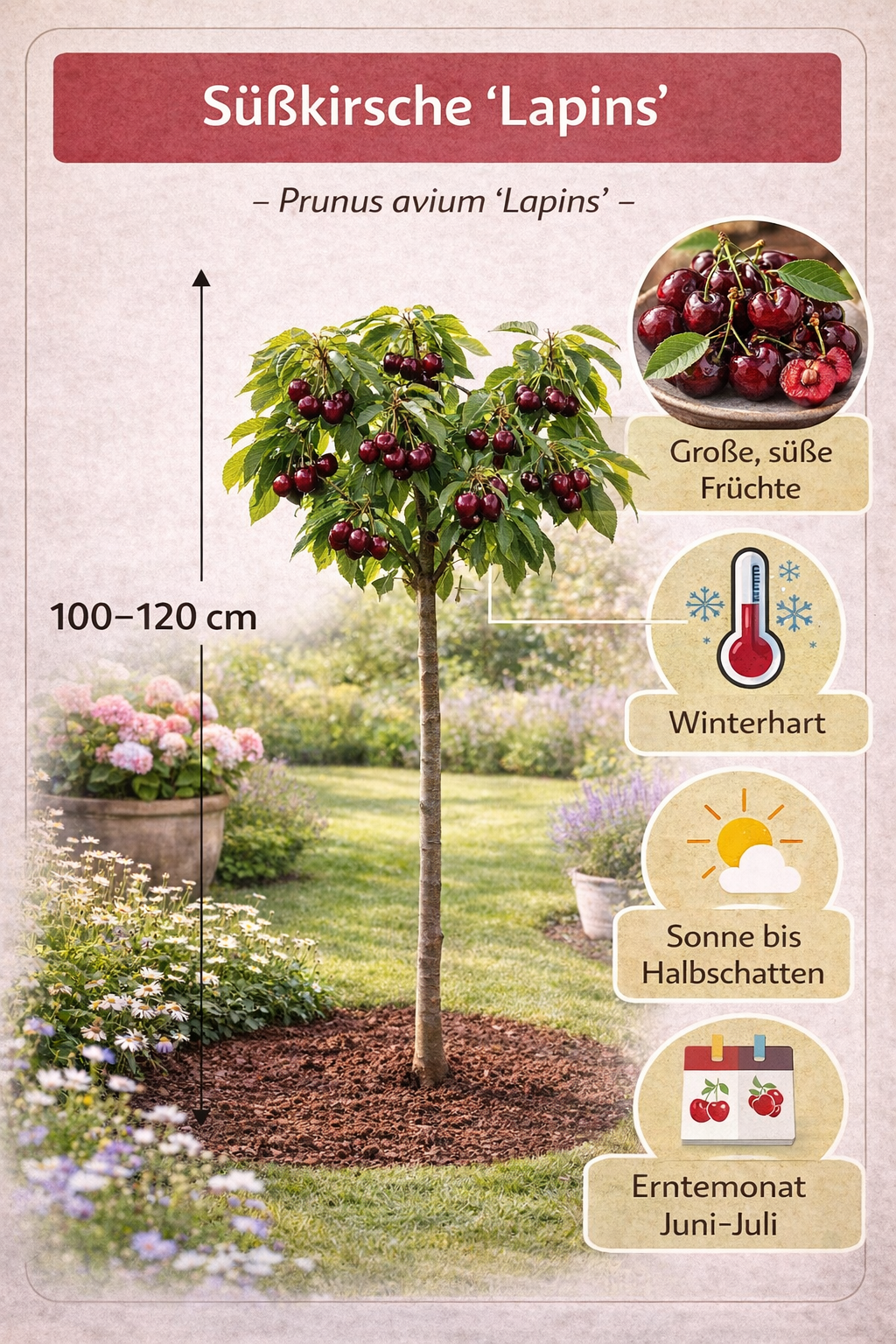 Süßkirsche ‘Lapins’ – Selbstfruchtende Kirschbaum Pflanze | Prunus avium ‘Lapins’ | Süßkirschbaum 100–120 cm – reich tragend & robust