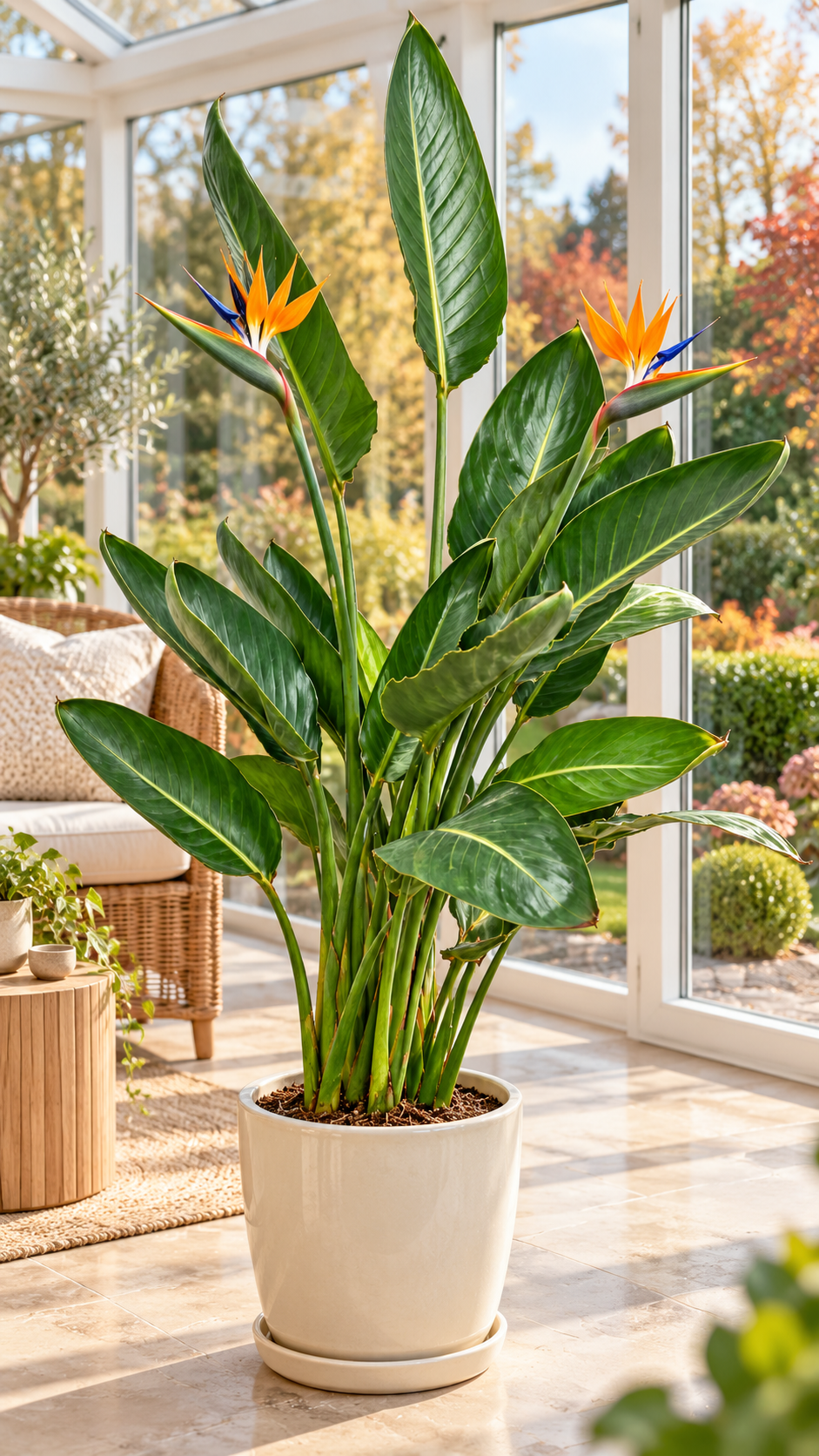 Strelitzie – Paradiesvogelblume (Strelitzia reginae), exotische Zimmerpflanze für Wintergarten & Terrasse – ca. 70 cm inkl. Topf