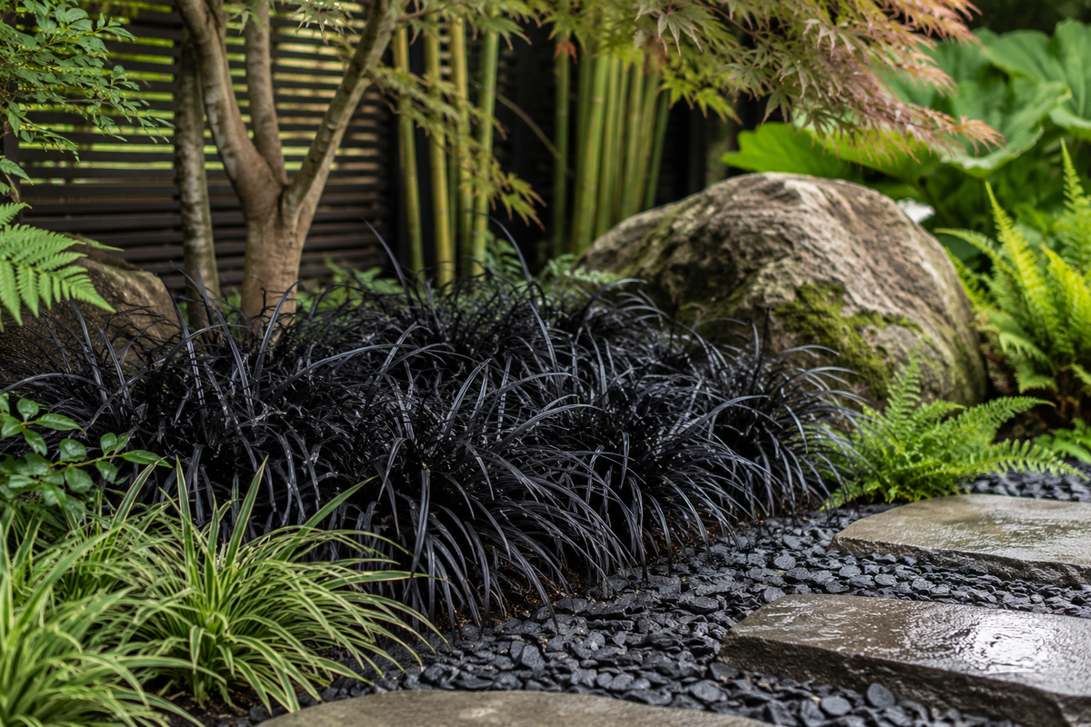 Ophiopogon planiscapus ‘Niger’ ca. 30 cm – Schwarzer Schlangenbart, immergrüner Bodendecker und dekoratives Ziergras