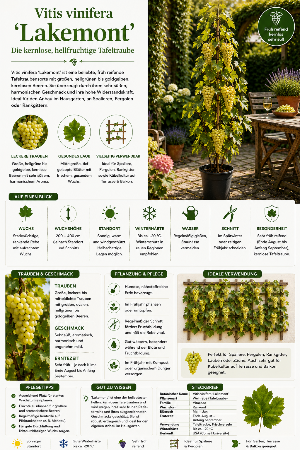 Vitis vinifera Lakemont Weinrebe kernlose Tafeltraube Süßtraube Kletterpflanze 120–180 cm