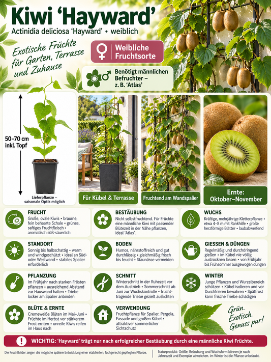 Kiwi ‘Hayward’ 50–70 cm – weibliche Kiwipflanze Actinidia deliciosa für Garten, Terrasse und Spalier