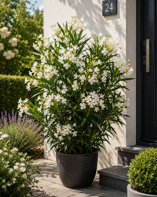 Oleander Weiß 50-70 cm Nerium Oleander weiß Einfachblüte Mediterrane Kübelpflanze Wintergarten Terrasse Balkon