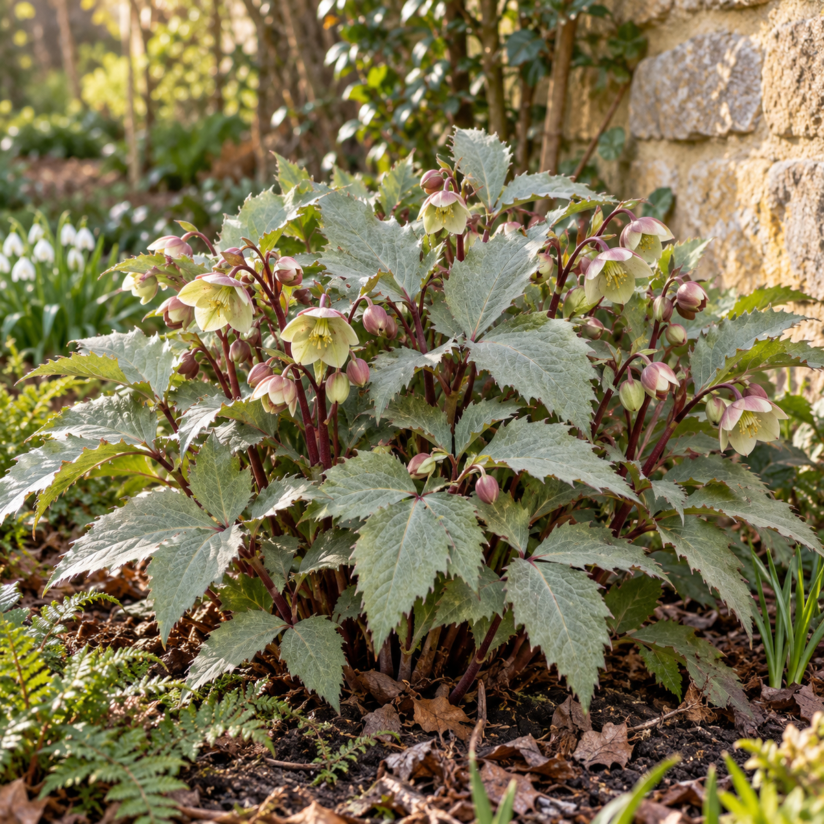 Helleborus × sternii ‘Silver Dollar’ – Nieswurz mit silbrigem Laub, immergrüne Blütenstaude für Garten & Kübel – 15–20 cm inkl. Topf