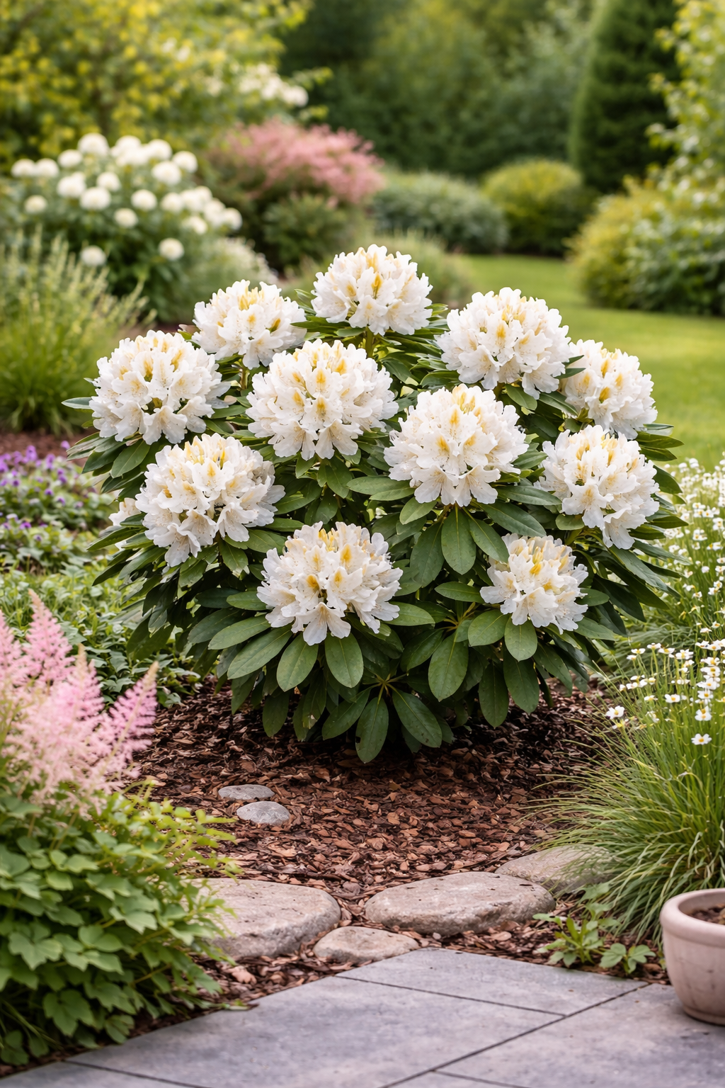 Rhododendron Cunningham’s White 15–20 cm – Weiß blühender Alpenrose Strauch, winterhart & immergrün