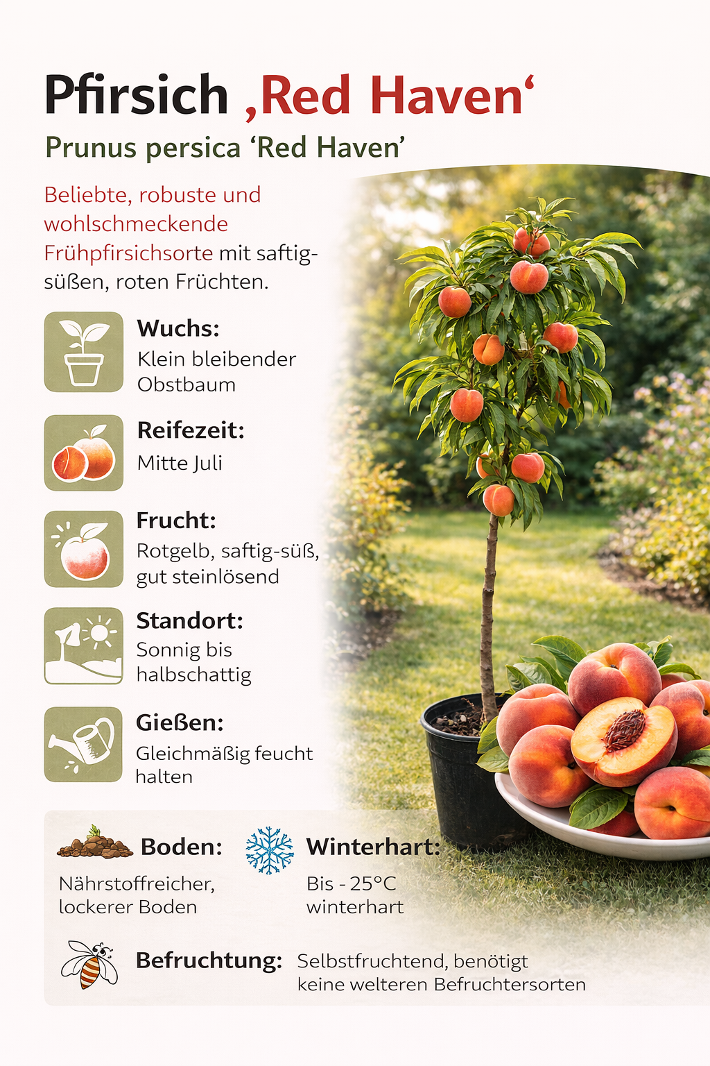 Prunus persica Red Haven Pfirsichbaum 140-180 cm winterhart saftiger Pfirsichbau