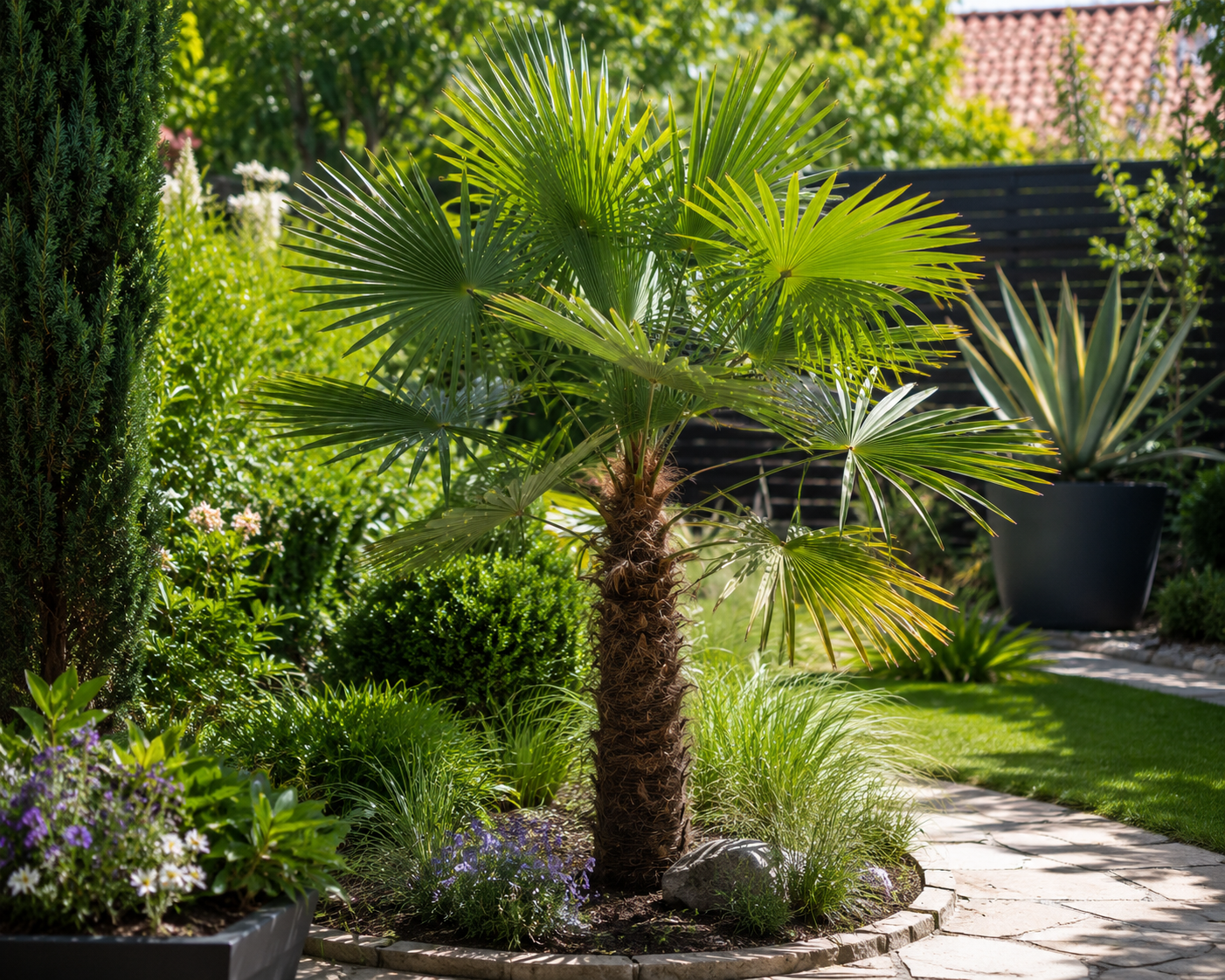 Chinesische Hanfpalme 160–220 cm mit XXL-Stamm ca. 40 cm – Trachycarpus fortunei, winterharte Fächerpalme