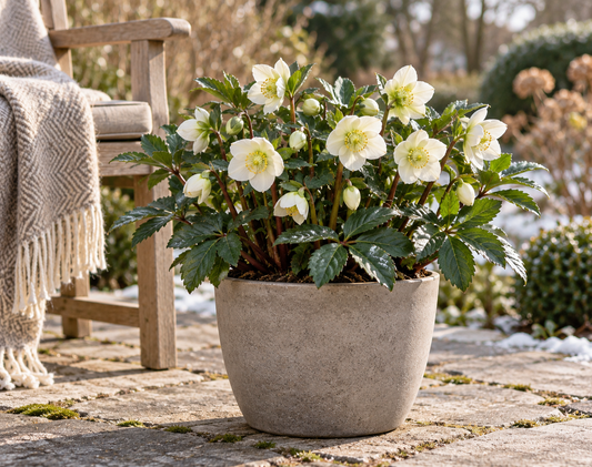 Christrose – Helleborus niger, weiß blühende winterharte Staude für Garten & Kübel – 15–20 cm inkl. Topf
