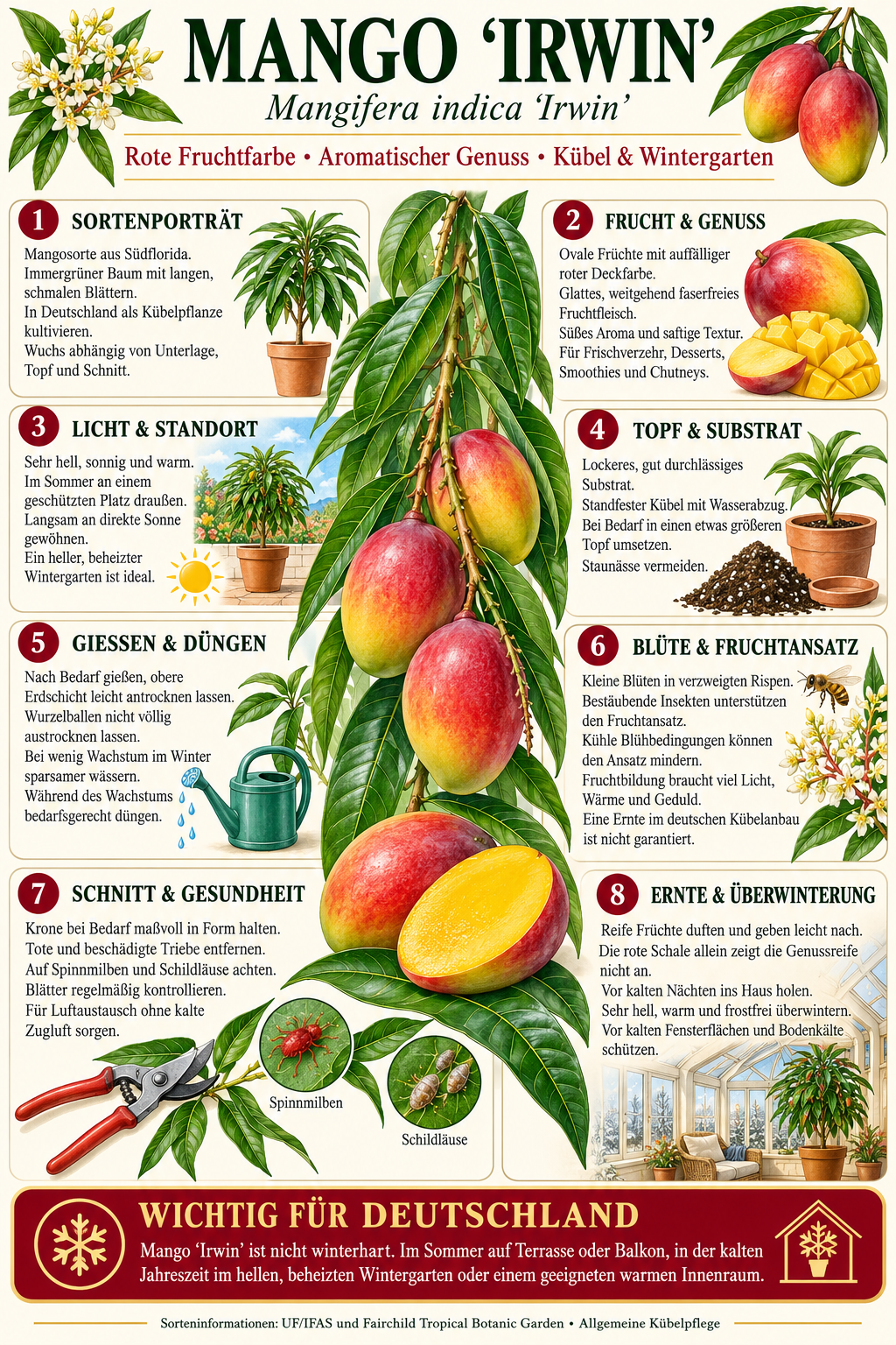 Mangobaum ‘Irwin’ – Mango-Pflanze (Mangifera indica) für Kübel, Terrasse & Wintergarten – 140–180 cm inkl. Topf