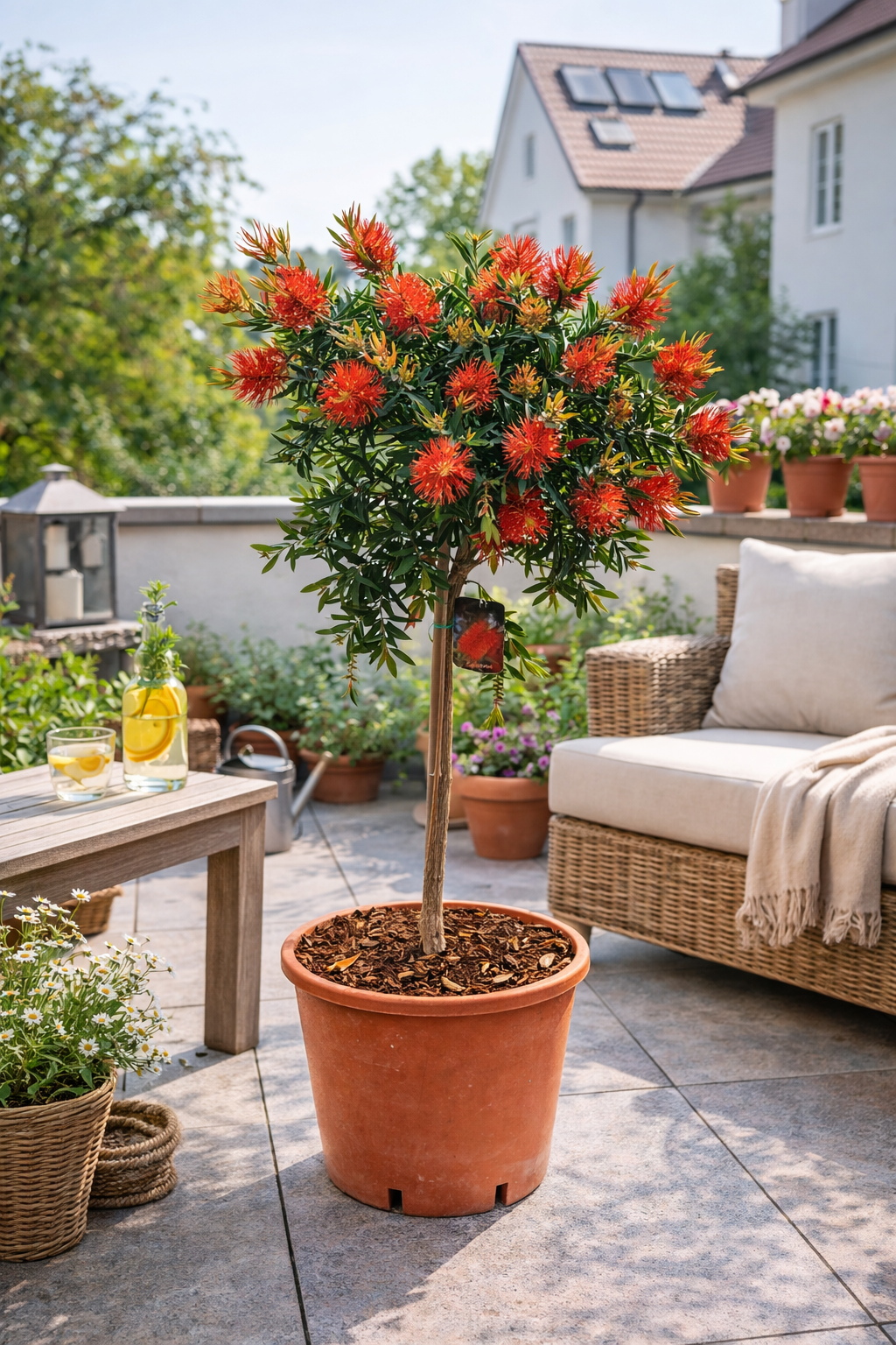 Karminroter Zylinderputzer Stämmchen (Callistemon Splendens) ca. 100 cm – Flaschenputzer Pflanze, immergrüne Kübelpflanze mit roten Blüten
