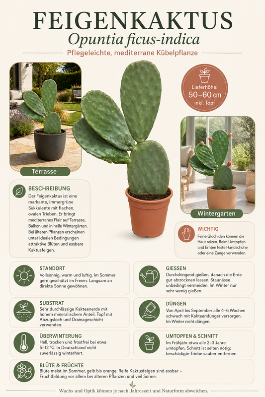 Opuntia ficus-indica Feigenkaktus 50–60 cm – Echter Feigenkaktus, winterharte Kaktuspflanze für Garten, Terrasse & Kübel