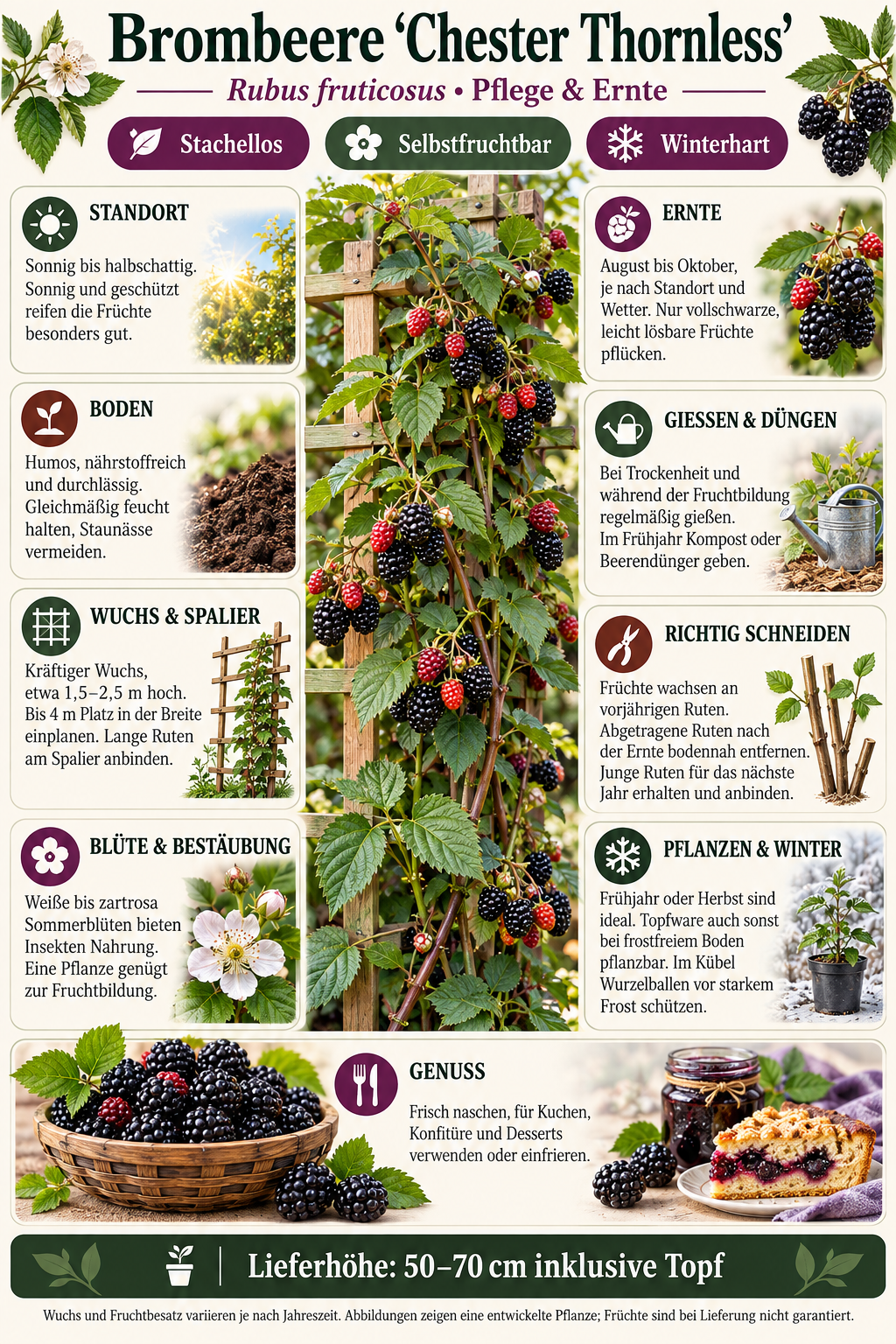 Dornlose Brombeere ‘Chester Thornless’ 50–70 cm – Rubus fruticosus, Beerenstrauch für Garten, Spalier & Kübel