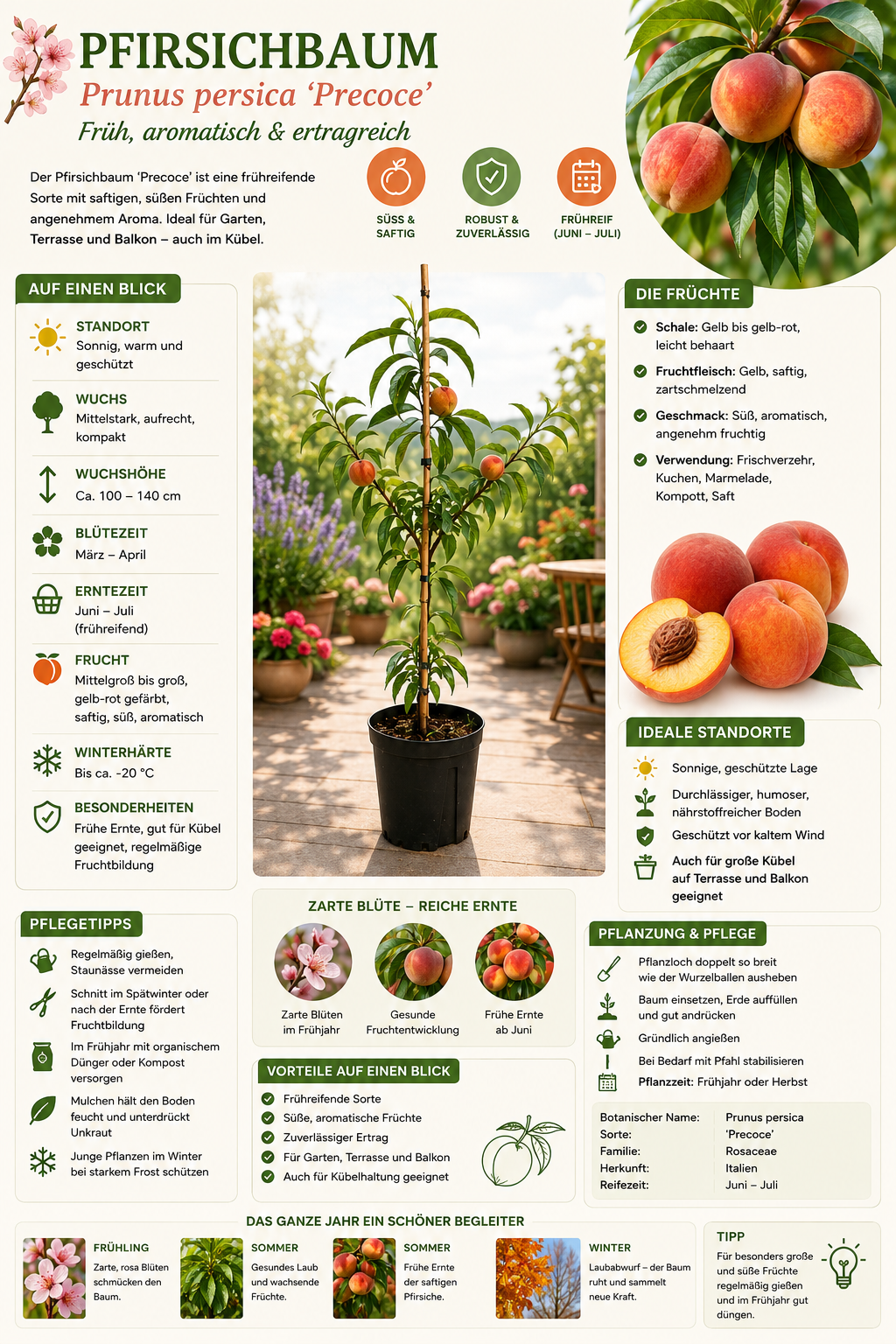 Pfirsichbaum Prunus persica ‘Precoce’ – früher Pfirsich, Obstbaum 100–140 cm, winterhart