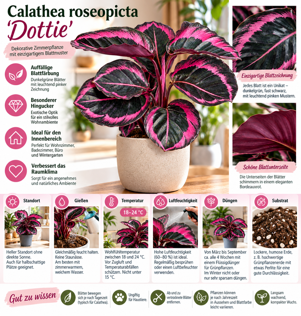 Calathea roseopicta 'Dottie' 'M' – Exotická pokojová rostlina s úžasným růžovým vzorem – Nenáročná pokojová rostlina