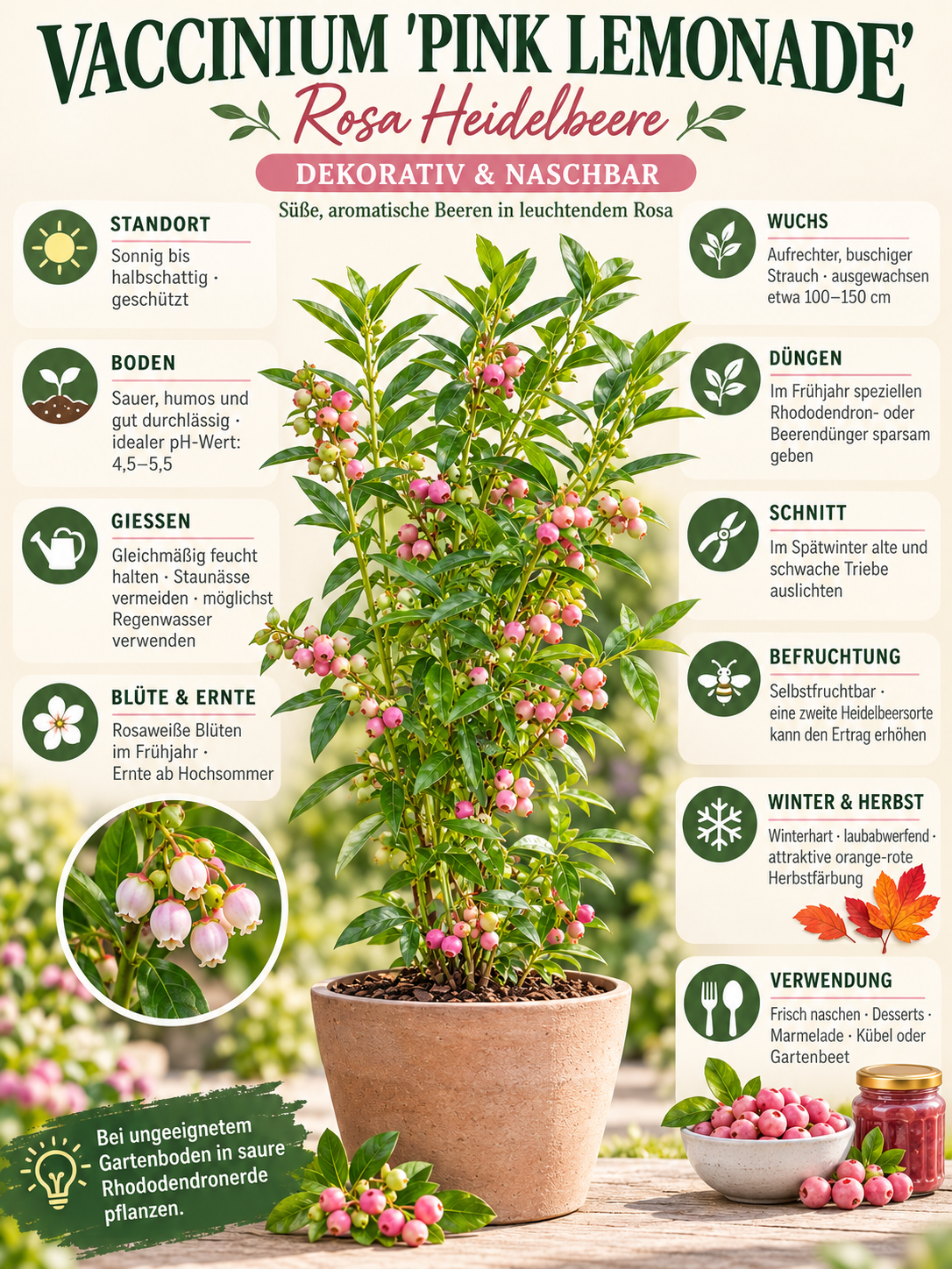 Rosa Heidelbeere ‘Pink Lemonade’ 50–70 cm – Vaccinium, pinke Blaubeere für Garten, Balkon & Kübel