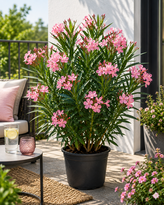 Rosa Oleander 50-70 cm (Nerium oleander) – mediterrane Blütenpflanze mit einfacher rosa Blüte | wintergarten kübelpflanze balkon terrasse