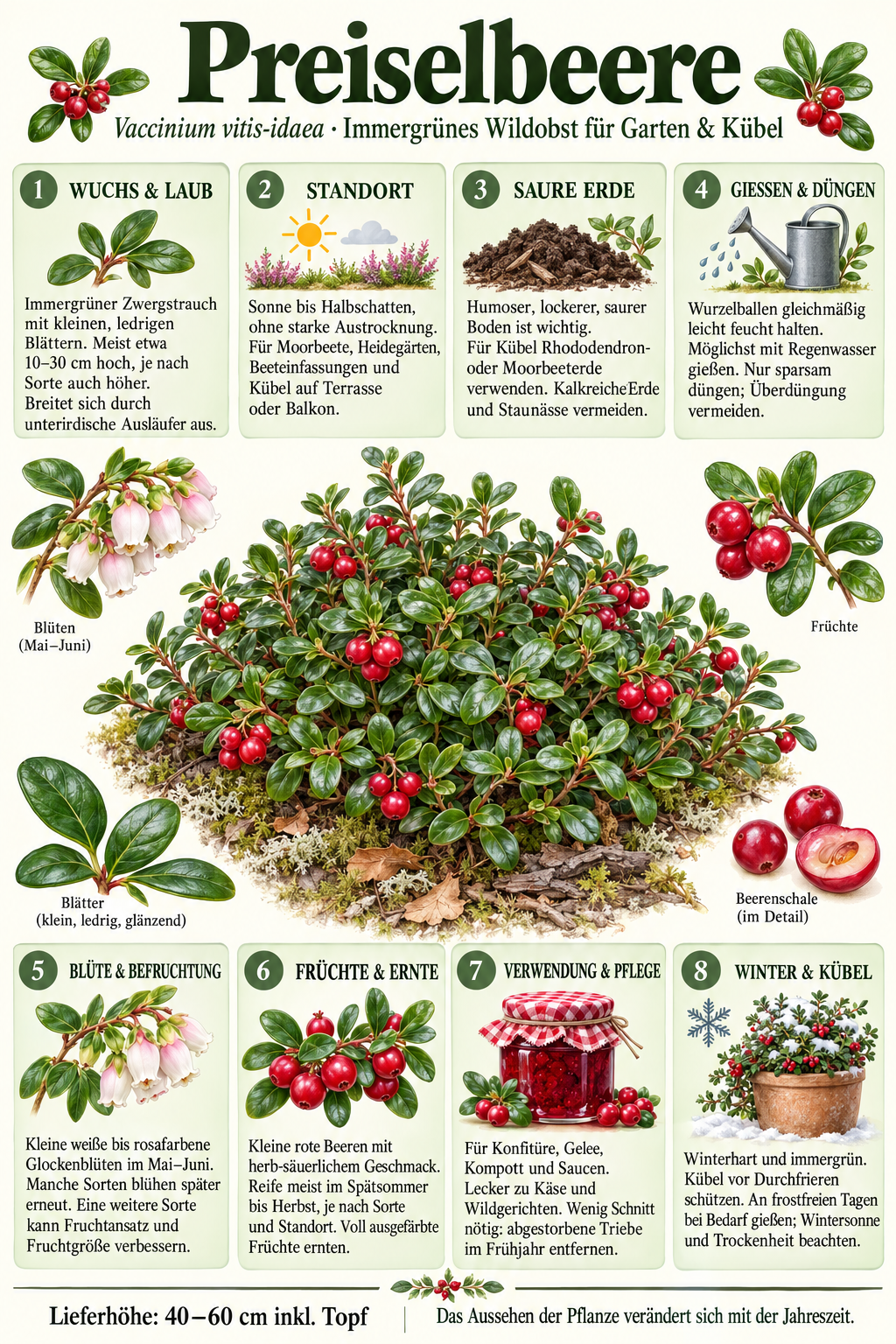 Preiselbeere – Vaccinium vitis-idaea – winterharter, immergrüner Beerenstrauch für Garten & Kübel – 40–60 cm inkl. Topf