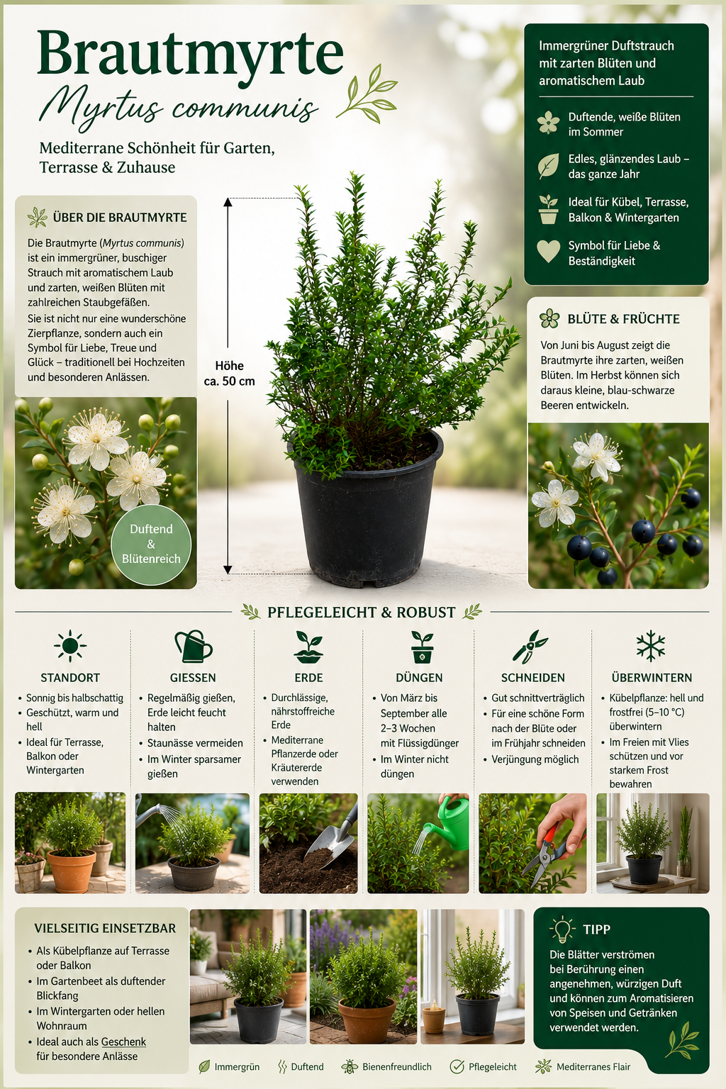 Myrtus communis Busch ca. 50 cm – Echte Brautmyrte – Duftmyrte – Mediterrane Myrte für Garten, Terrasse, Balkon & Wintergarten