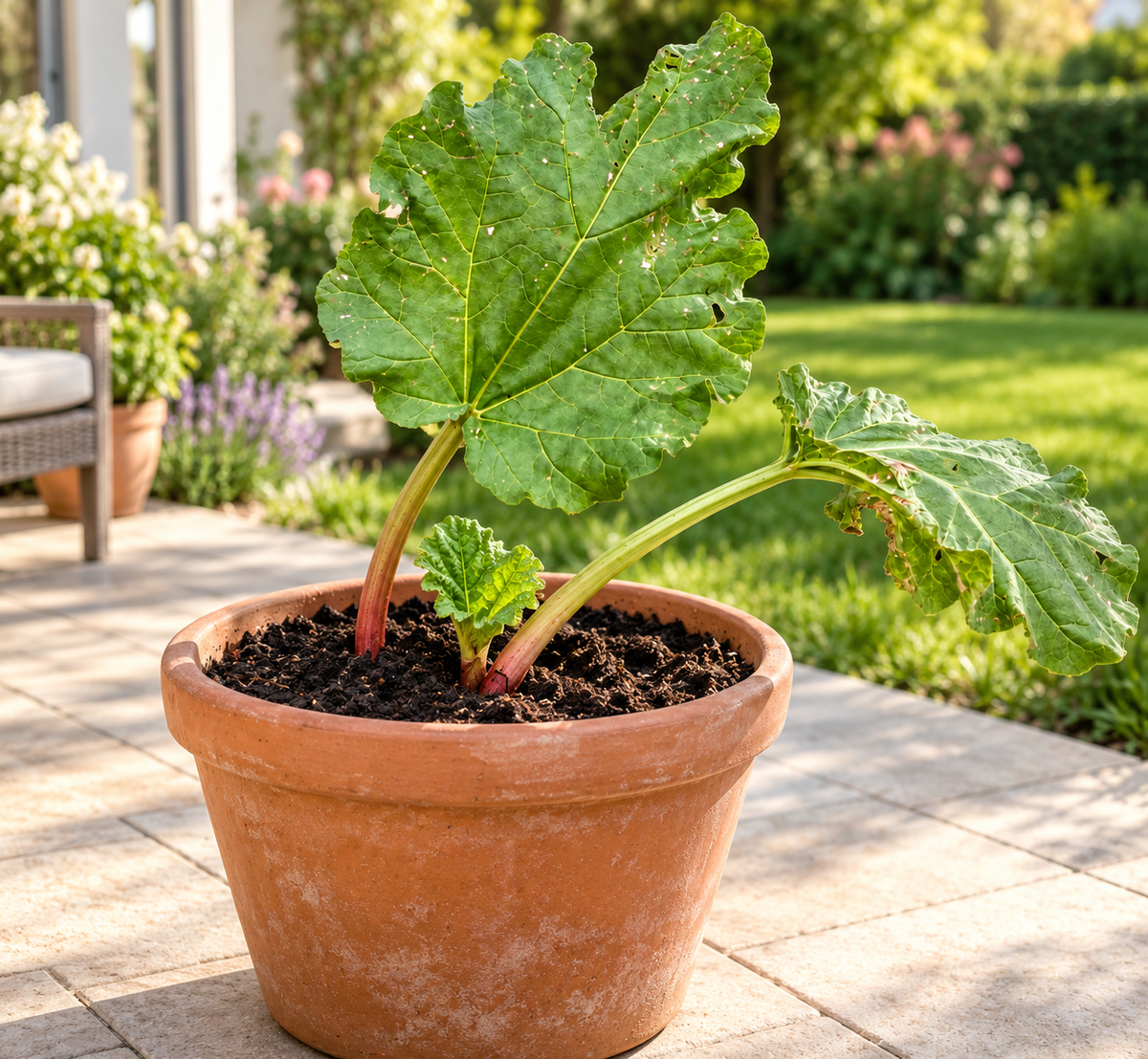 Rhabarber ‘Victoria’ – Rheum rhabarbarum – winterharte Gemüsestaude für den Garten – 40–60 cm inkl. Topf