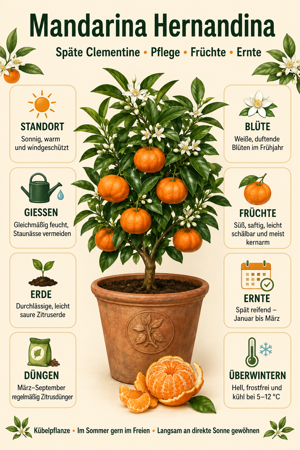 Mandarine ‘Hernandina’ als Stämmchen ca. 50 cm – Clementinenbaum, mediterrane Zitruspflanze für Balkon & Terrasse