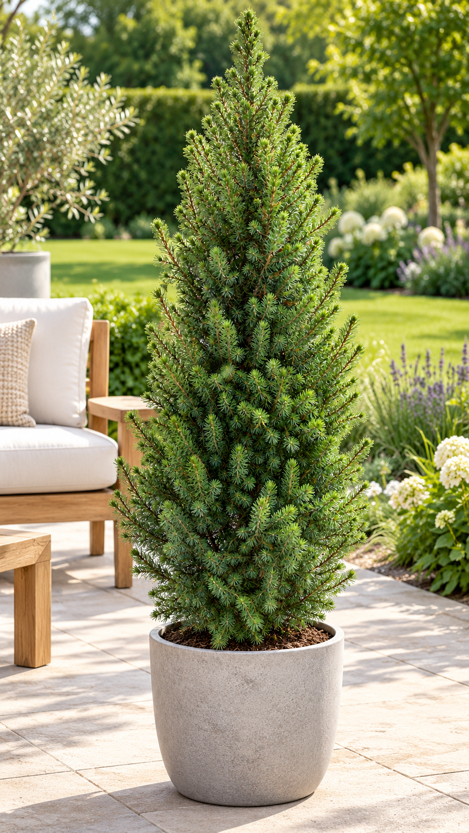 Zuckerhutfichte ‘Conica December’ – Picea glauca, immergrün & winterhart für Garten und Kübel – ca. 120 cm inkl. Topf