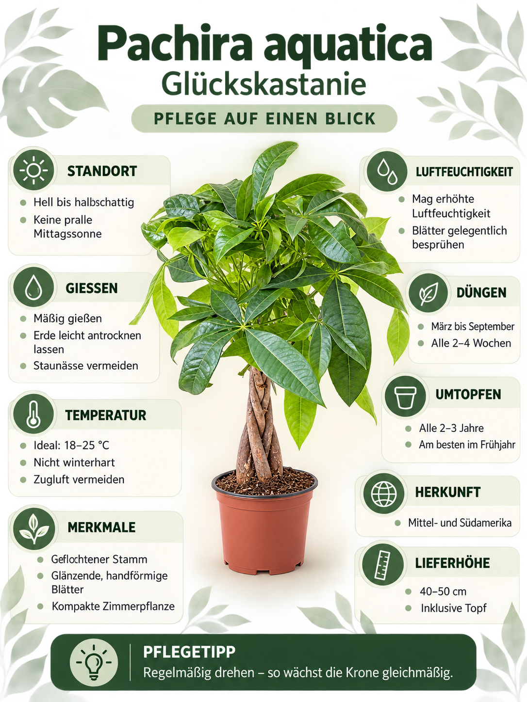 Pachira aquatica 40–50 cm – Glückskastanie, pflegeleichte Zimmerpflanze für Wohnzimmer & Büro
