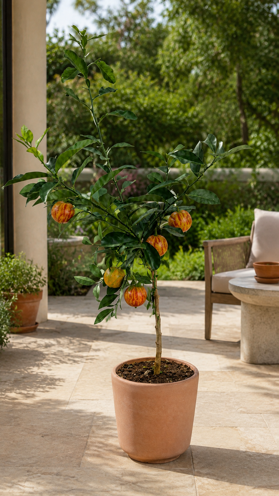Arcobal Regenbogen-Orange als Stämmchen ca. 50 cm – Citrus sinensis, außergewöhnliche Zitruspflanze für Balkon und Terrasse