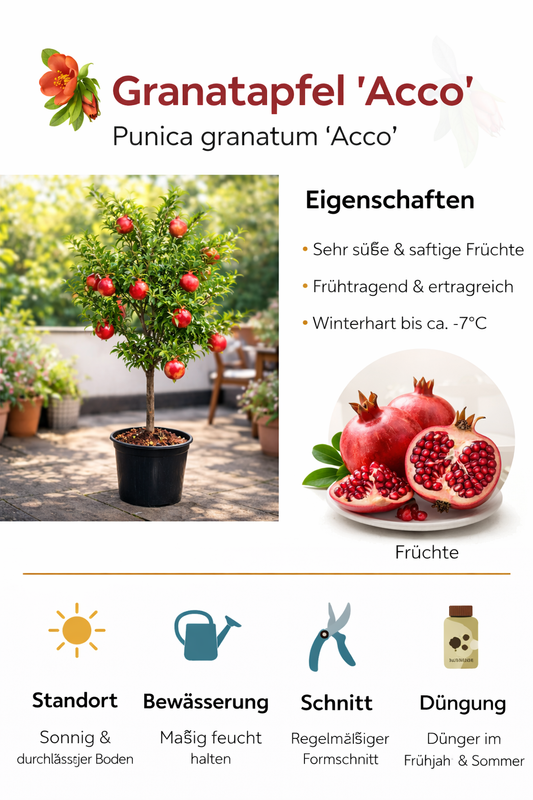 Punica granatum ‘Acco’ Granatapfel 70–100 cm – Echter Granatapfelbaum winterhart Kübelpflanze mediterran Obstbaum