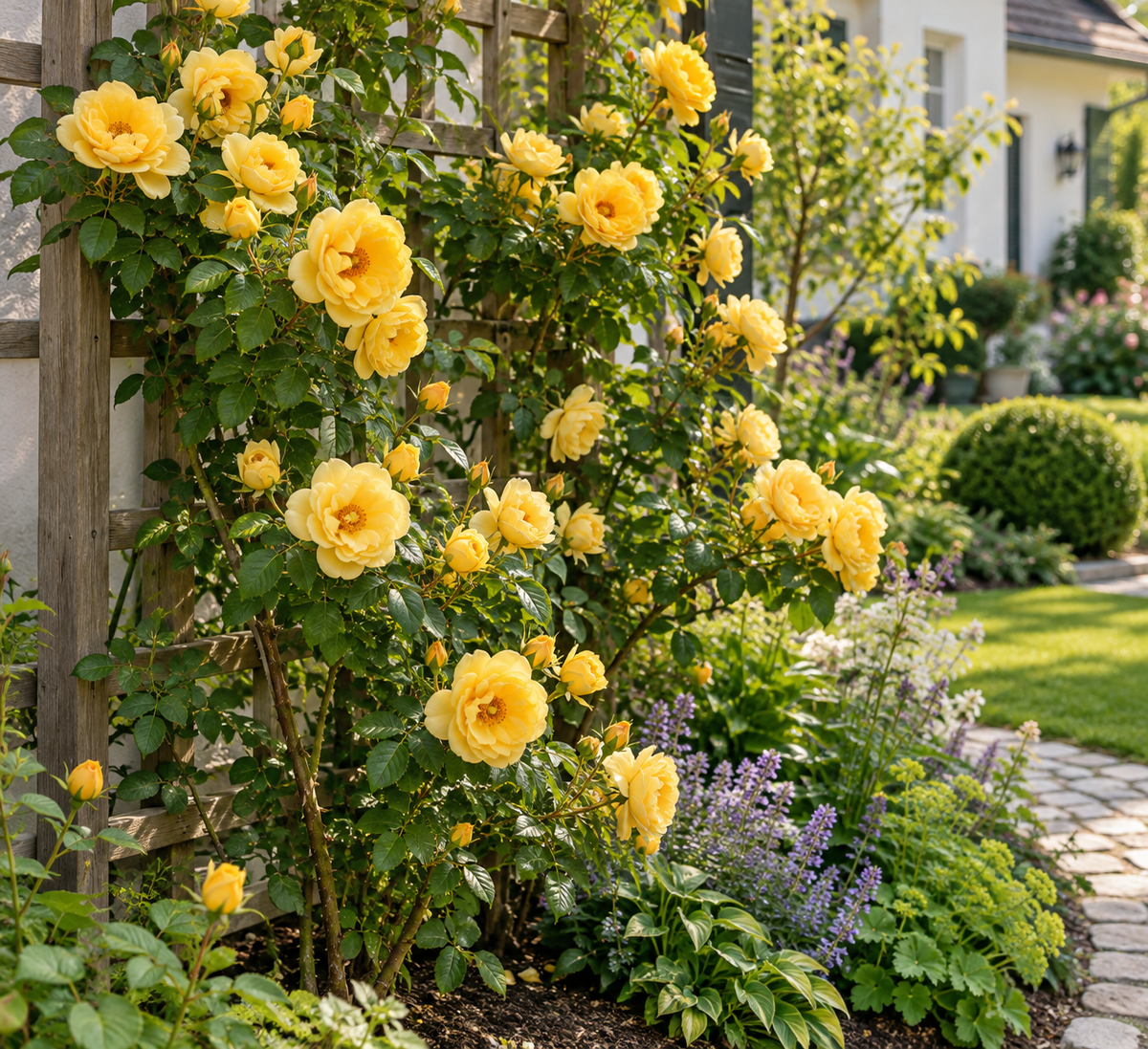 Gelbe Kletterrose ‘Climbing Garden Beauties Yellow’ – Rose für Garten, Terrasse & Kübel – 50–70 cm inkl. Topf