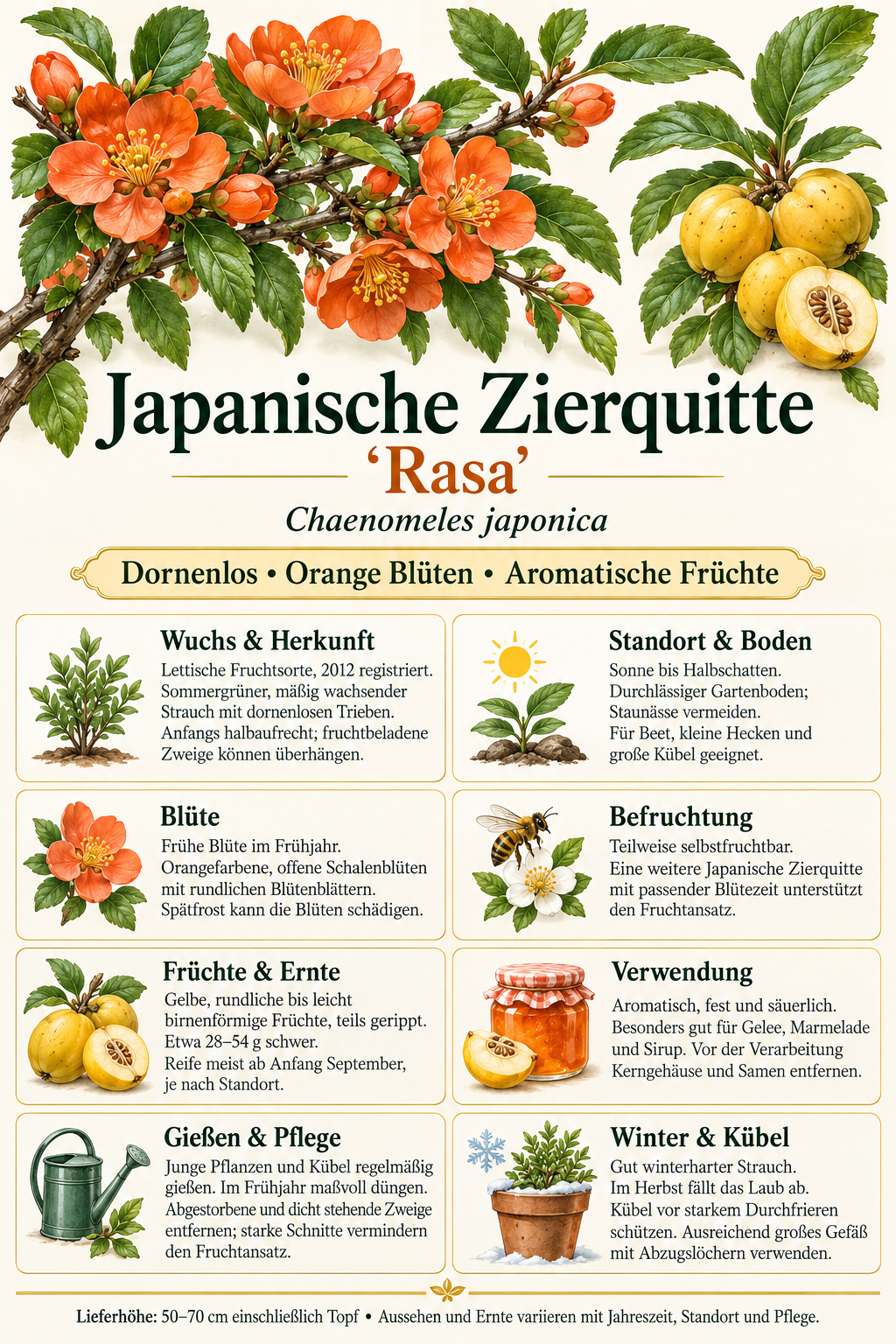 Japanische Zierquitte ‘Rasa’ – Chaenomeles japonica – dornenloser, winterharter Blütenstrauch mit essbaren Früchten – 50–70 cm inkl. Topf