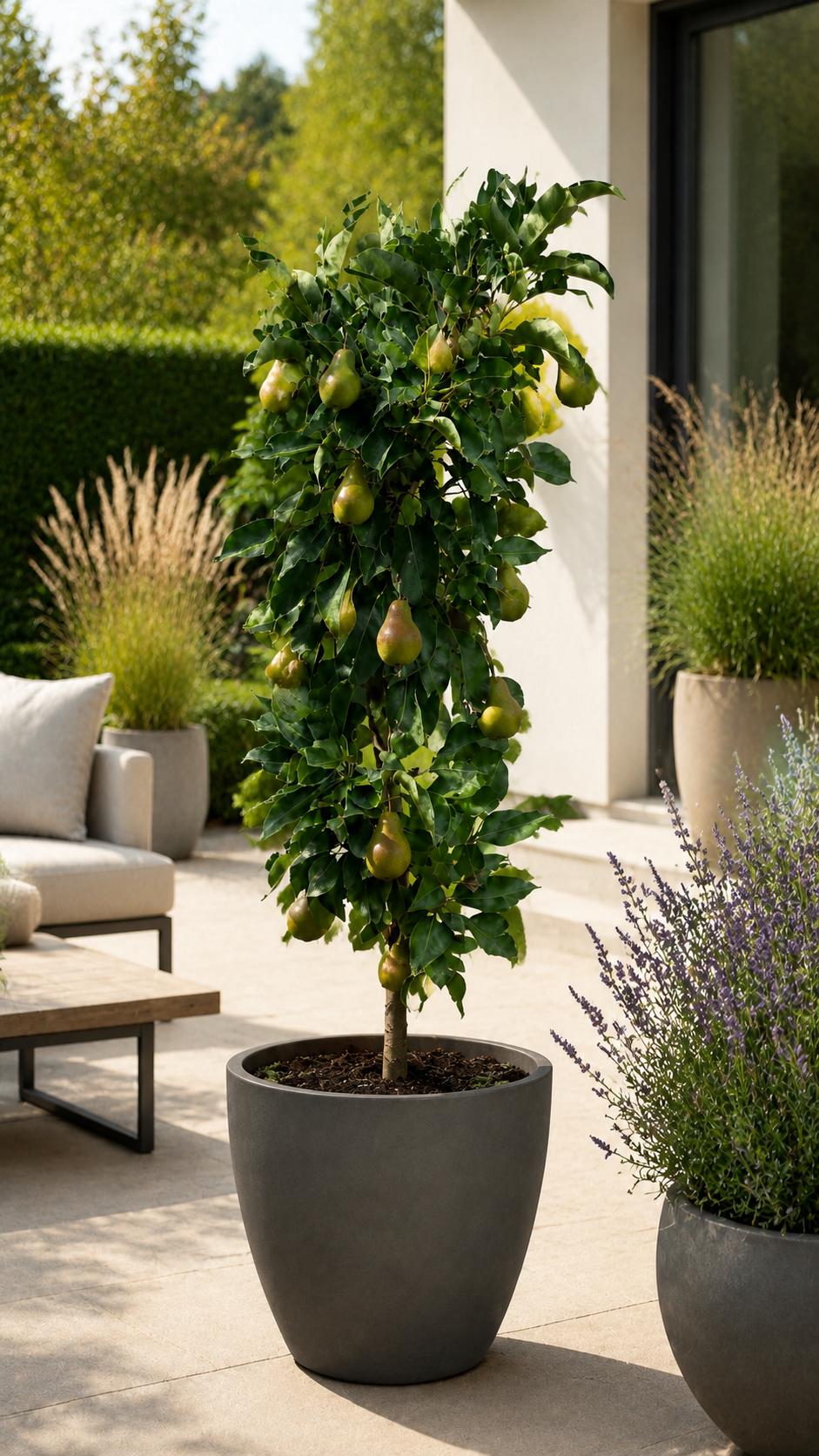 Zwergbirne Luisa 80–100 cm – Pyrus communis – kompakter Birnenbaum und Säulenobst für Garten, Terrasse und Kübel