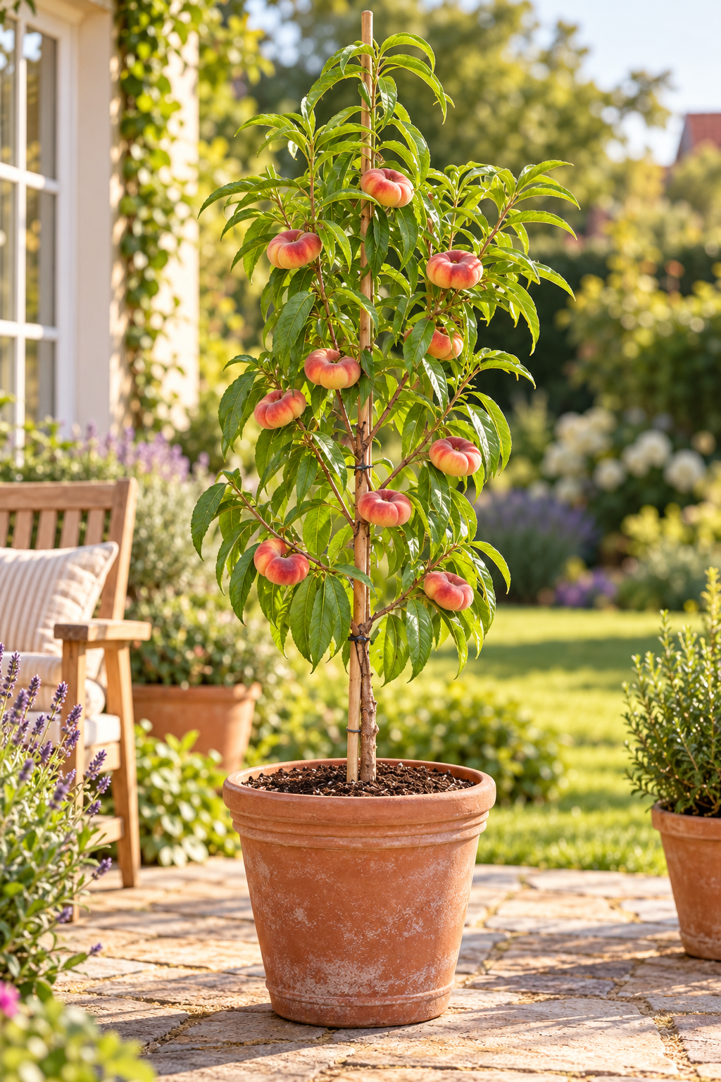 Tellerpfirsichbaum ‘Saturne’ – Prunus persica | Süßer Plattpfirsich für Garten & Terrasse | 160–200 cm inkl. Topf