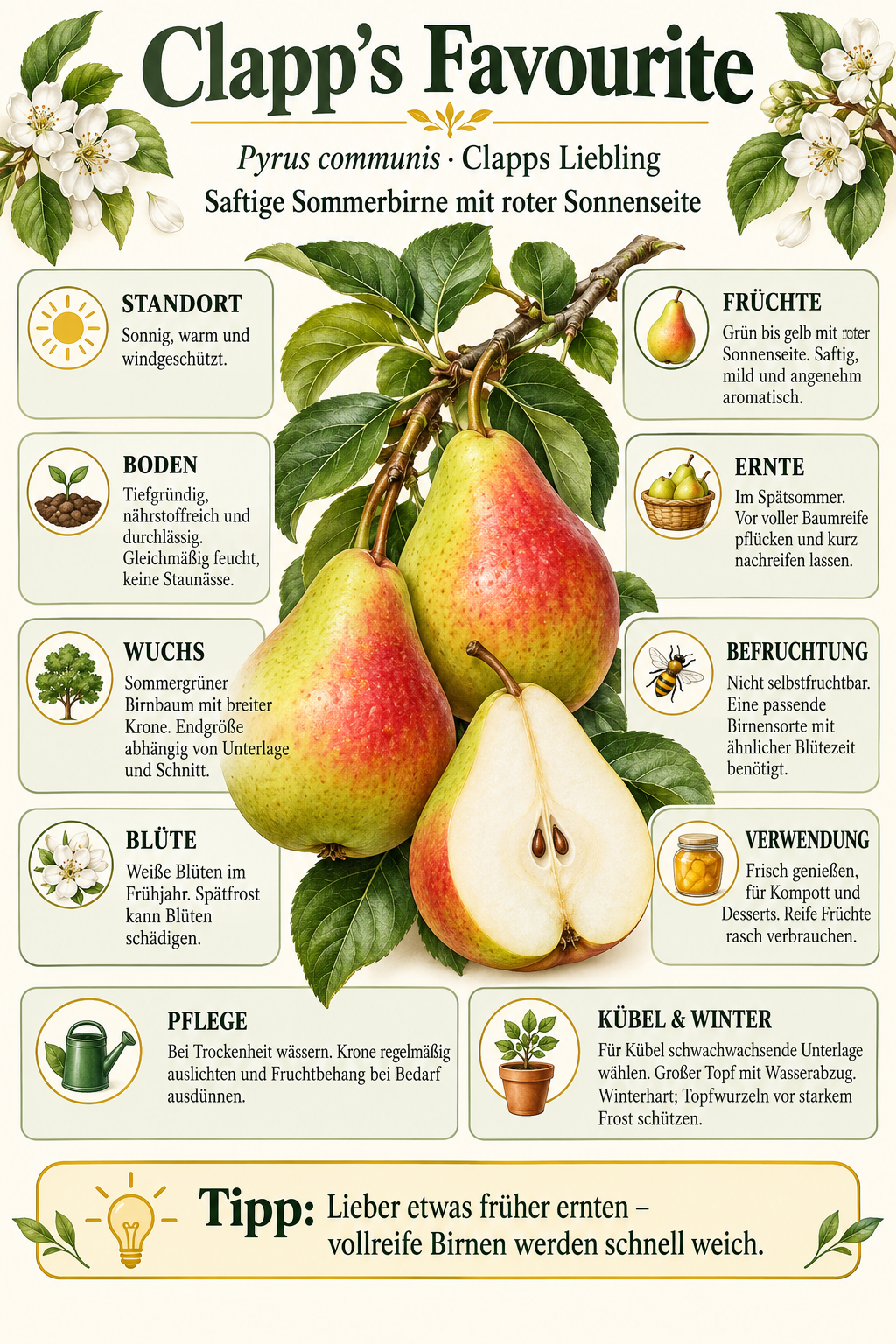 Birnbaum ‘Clapps Liebling’ – Pyrus communis ‘Clapp’s Favourite’ – saftige Sommerbirne für den Garten – 100–120 cm inkl. Topf