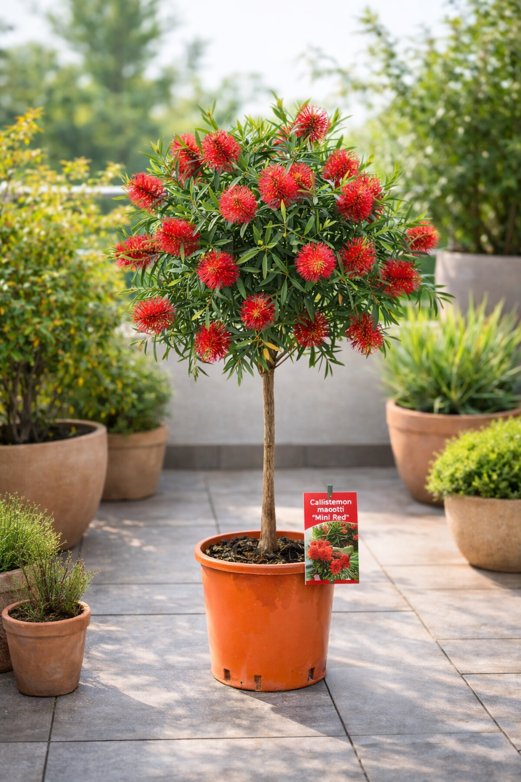 Callistemon „Masotti Mini Red“ ca. 120 cm – Zylinderputzer / Flaschenputzer – Immergrüne Kübelpflanze mit roten Blüten