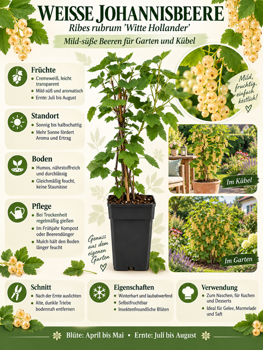 Weiße Johannisbeere ‘Witte Hollander’ 30–35 cm – Ribes rubrum, winterharter Beerenstrauch für Garten und Kübel
