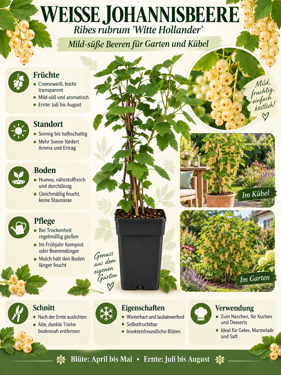 Weiße Johannisbeere ‘Witte Hollander’ 50–70 cm – Ribes rubrum, Beerenstrauch für Garten und Kübel