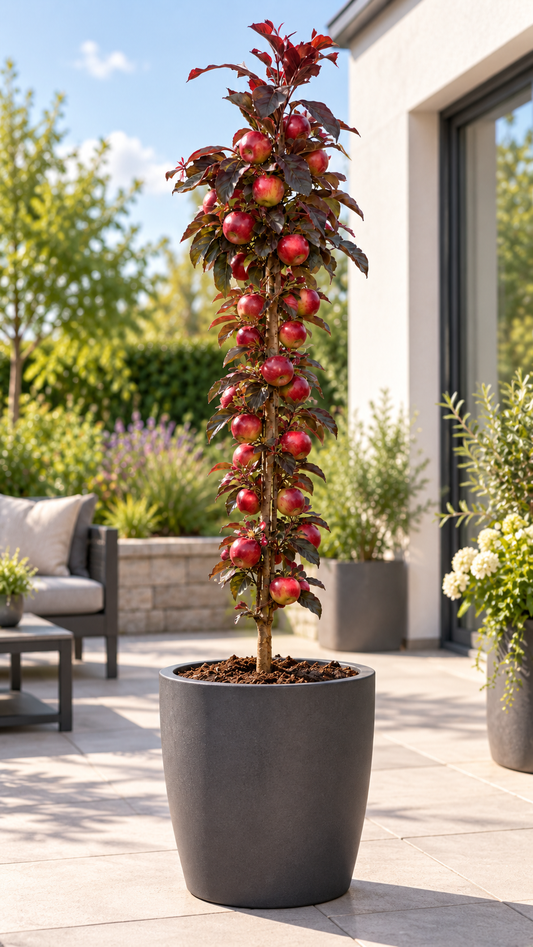 Säulenapfel ‘Red Leaf’ 130–160 cm – Rotlaubiger Säulen-Apfelbaum für Garten, Terrasse und Kübel