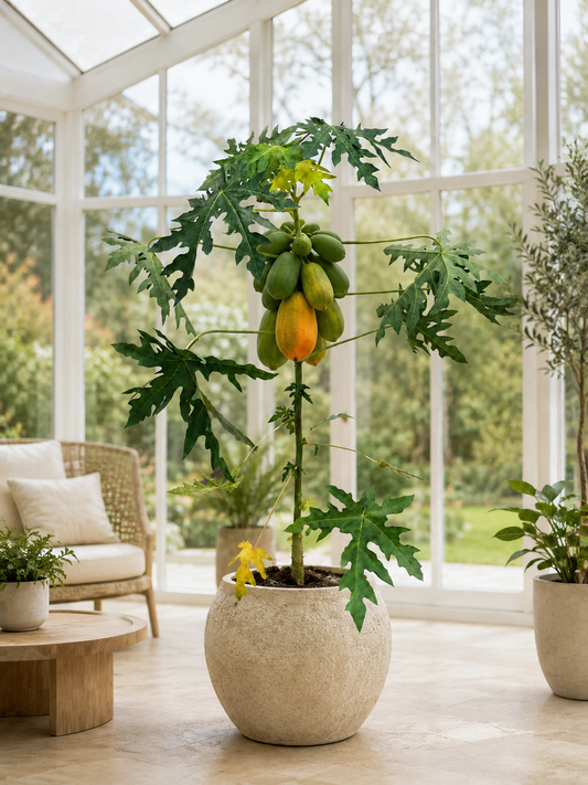 Papaya Pflanze „Bisexual“ ca. 120 cm – Carica papaya, exotischer Papayabaum als Zimmer- und Kübelpflanze