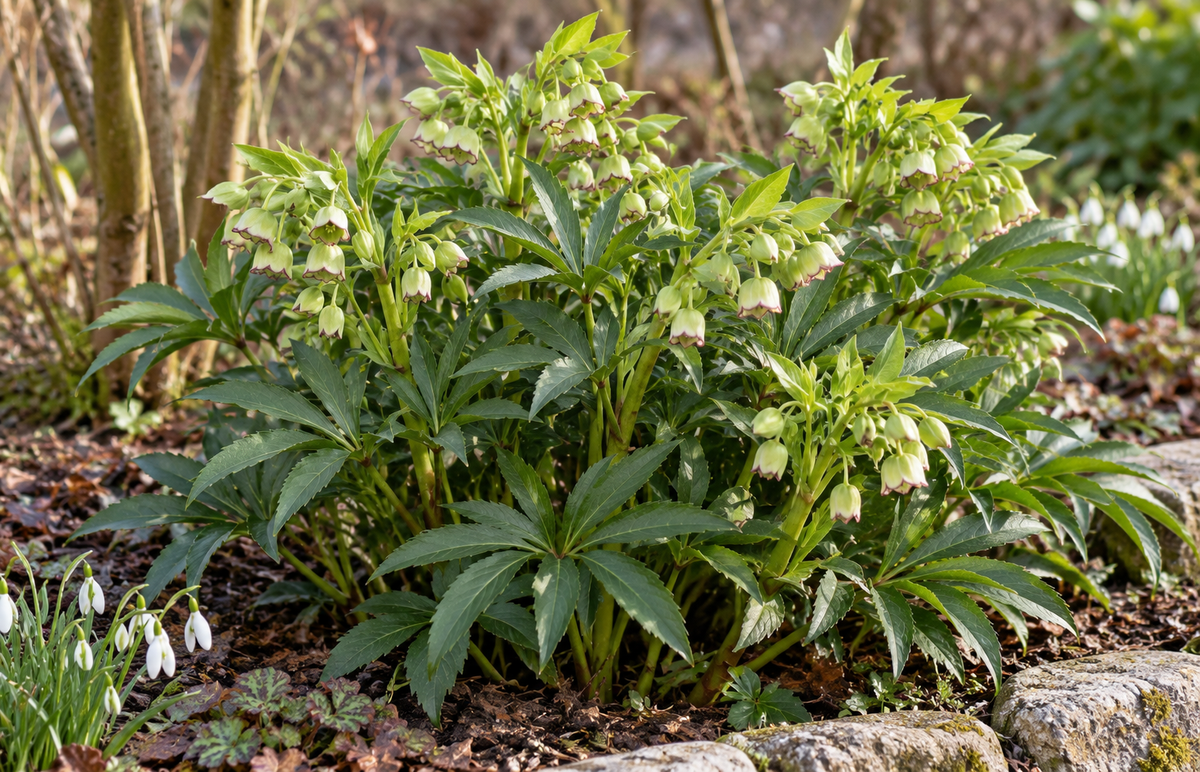 Stinkende Nieswurz – Helleborus foetidus, immergrüne winterharte Blütenstaude für Garten & Kübel – 15–20 cm inkl. Topf