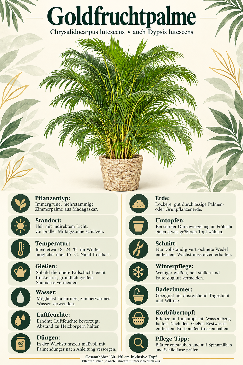 Goldfruchtpalme – Areca-Palme, Dypsis lutescens – Zimmerpalme mit Übertopf Ingmar – 130–150 cm inkl. Topf