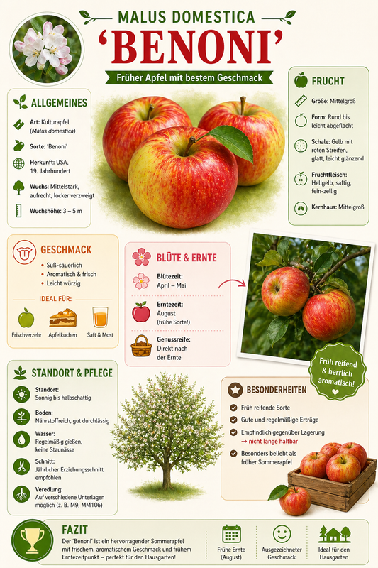 Apfelbaum Benoni 100–120 cm – Frühe Apfelsorte Malus domestica für Garten & Balkon, aromatische Sommeräpfel