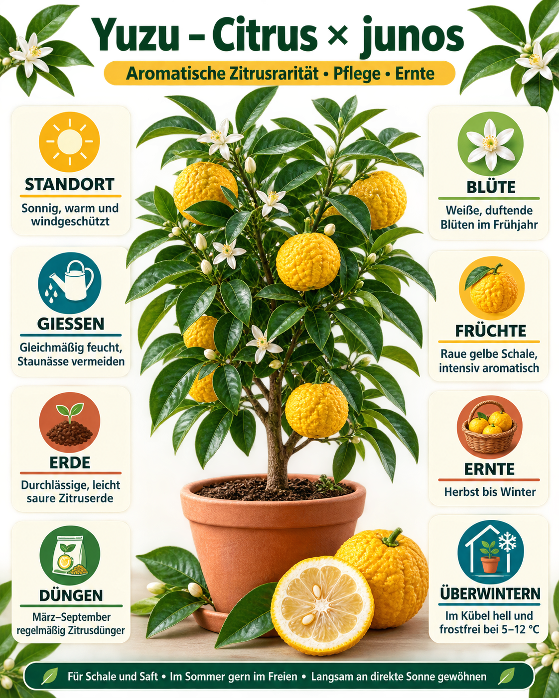 Yuzu-Zitrone als Stämmchen ca. 50 cm – Citrus × junos, Japanische Zitrone & aromatischer Zitrusbaum für Balkon und Terrasse