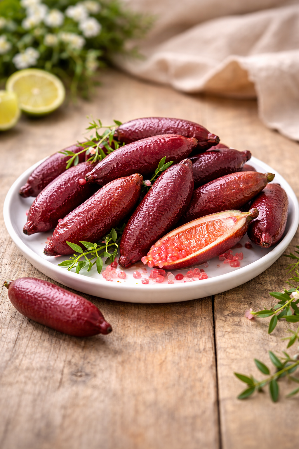 Kaviar-Limette (Microcitrus australasica) – Australische Fingerlimette mit roten Früchten – Exotische Zitruspflanze 70–80 cm inkl. Topf