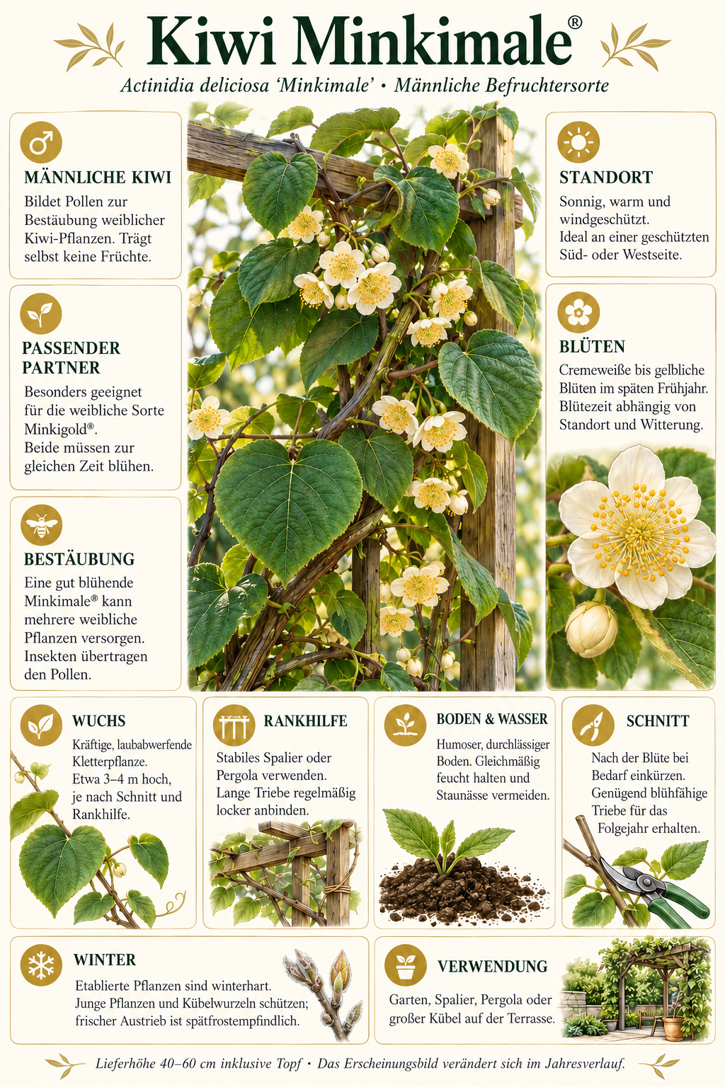 Kiwi ‘Minkimale’ – männliche Befruchterpflanze für ‘Minkigold’ – Kletterpflanze für Garten & Pergola – 40–60 cm inkl. Topf